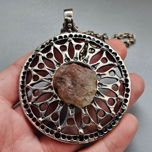 Vintage 1970s Finnish Modernist Brutalist Pewter Quartz Pendant Necklace