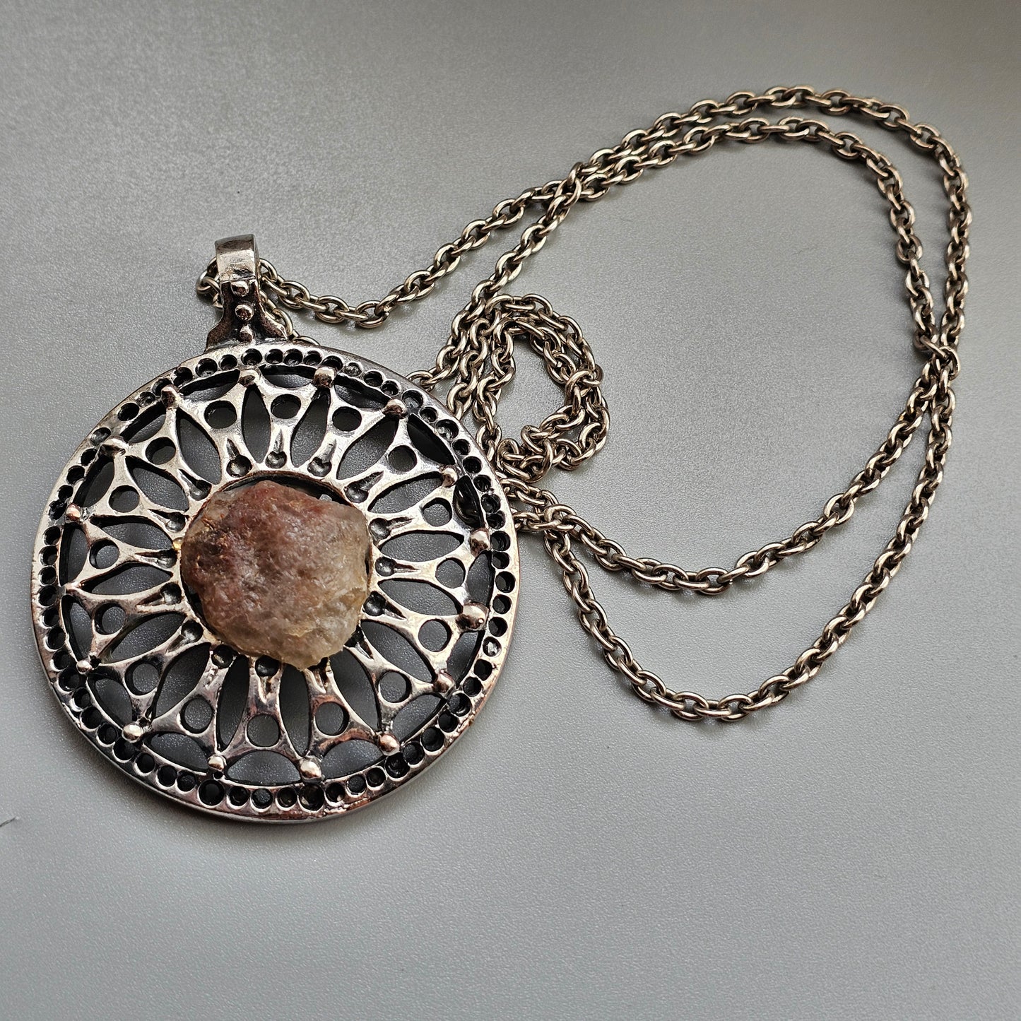 Vintage 1970s Finnish Modernist Brutalist Pewter Quartz Pendant Necklace