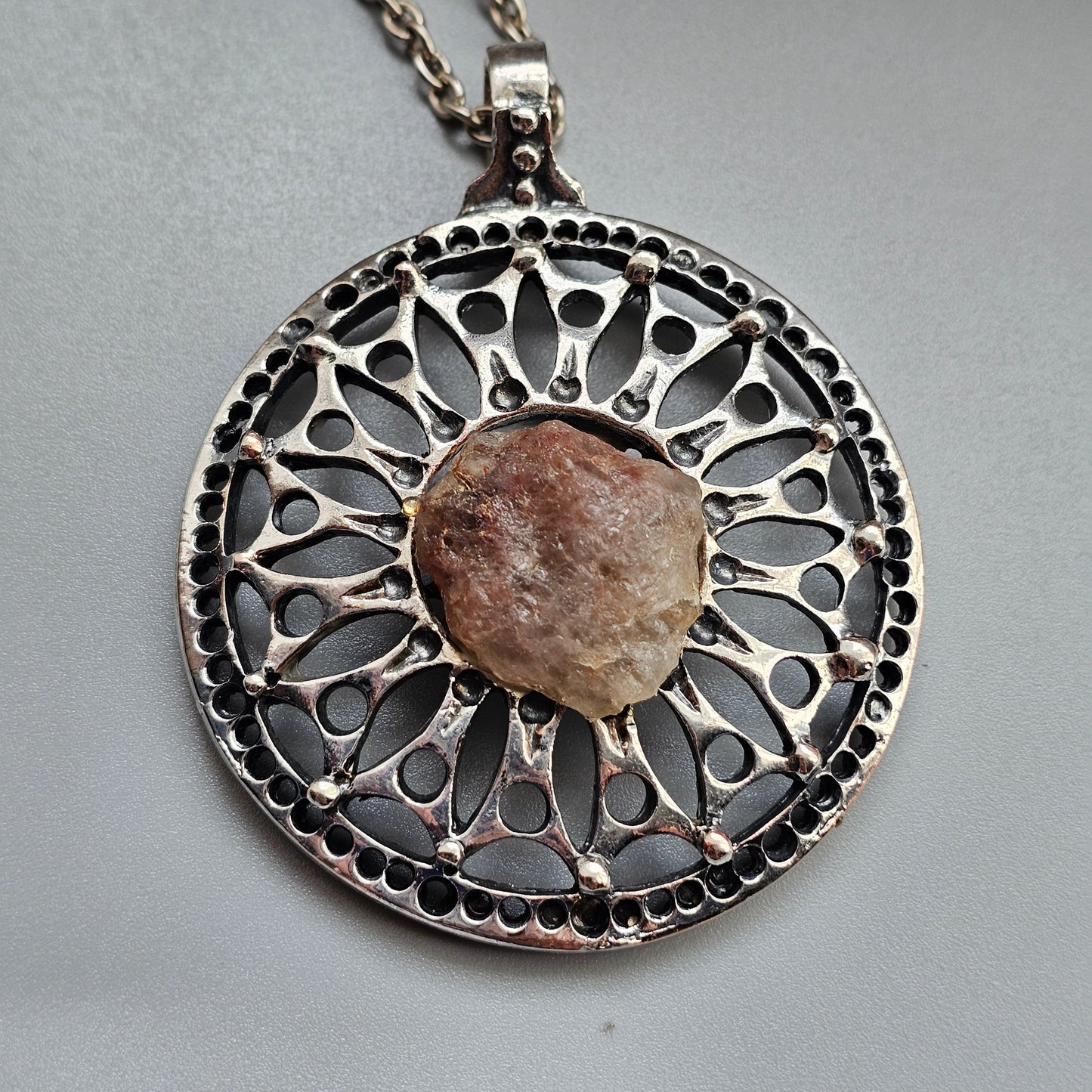 Vintage 1970s Finnish Modernist Brutalist Pewter Quartz Pendant Necklace