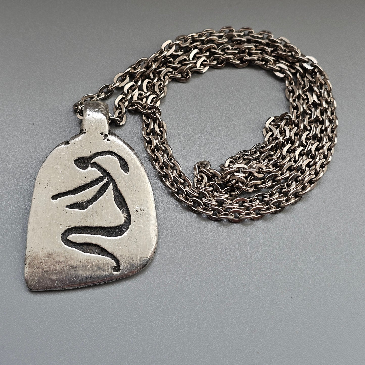 Vintage Swedish Tenn Handarbete Pewter Petroglyph Pendant Necklace