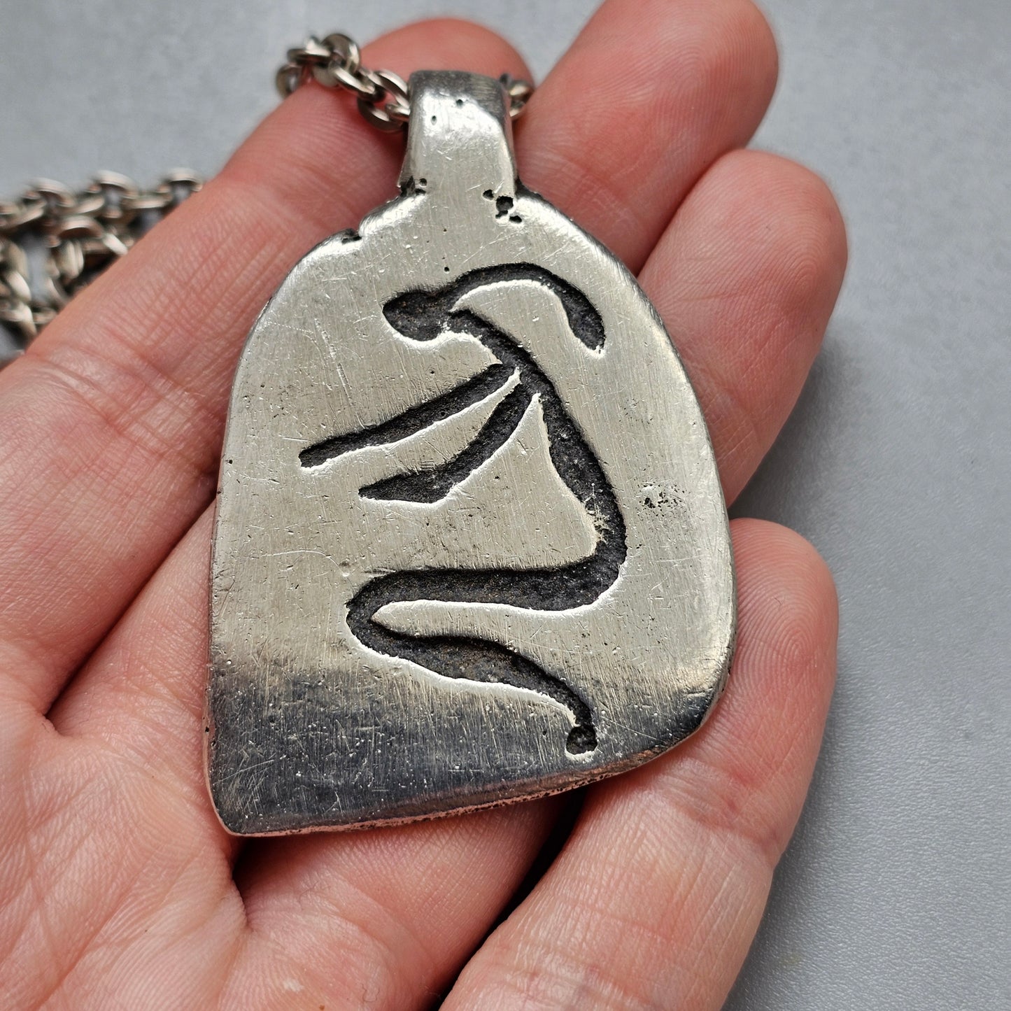Vintage Swedish Tenn Handarbete Pewter Petroglyph Pendant Necklace