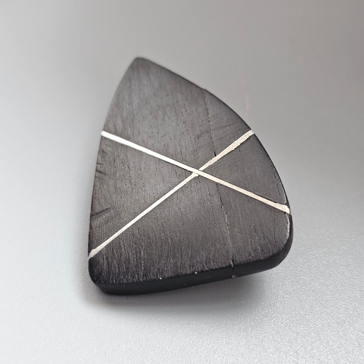 Vintage 1960s Danish Modernist Black Ebony Wood Silver Line Inlay Brooch