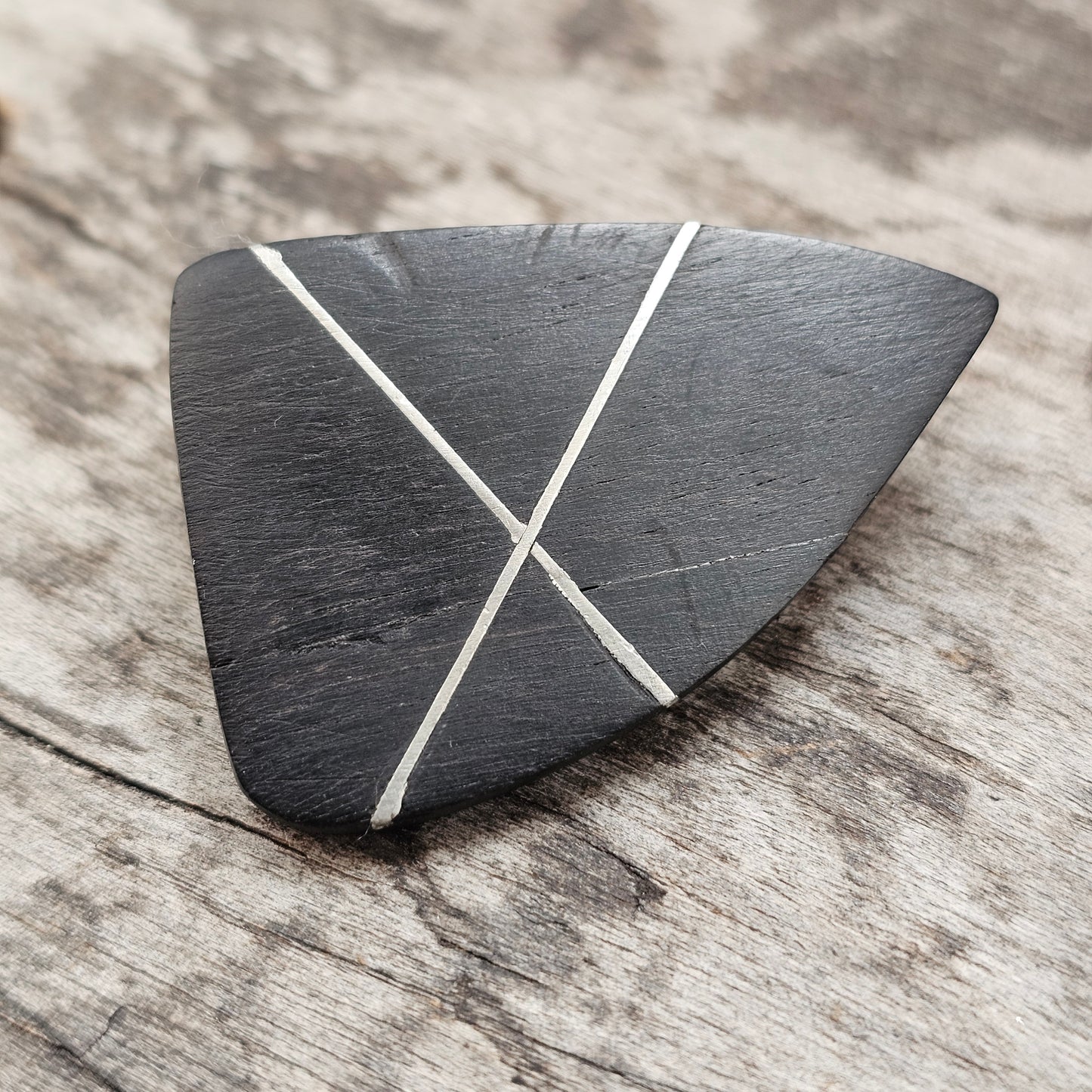 Vintage 1960s Danish Modernist Black Ebony Wood Silver Line Inlay Brooch