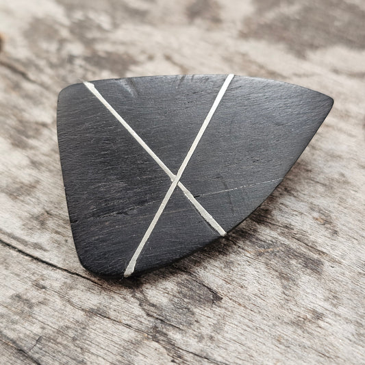 Vintage 1960s Danish Modernist Black Ebony Wood Silver Line Inlay Brooch