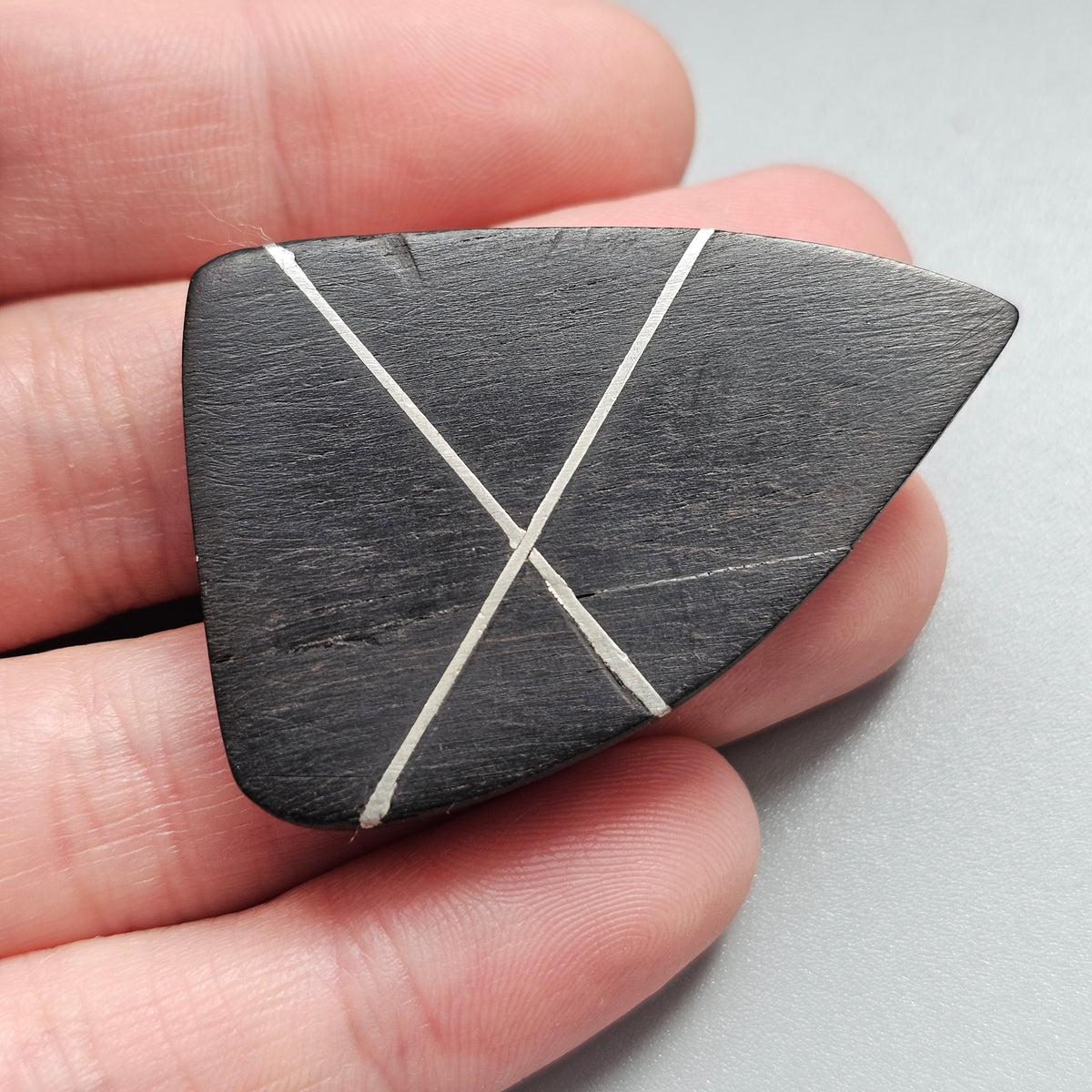 Vintage 1960s Danish Modernist Black Ebony Wood Silver Line Inlay Brooch