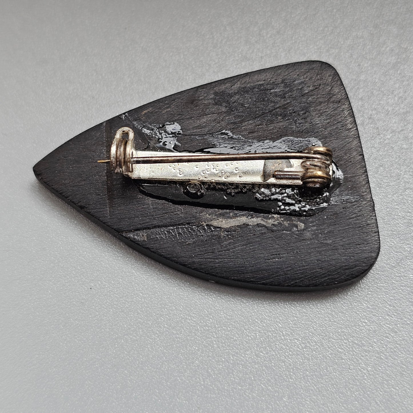 Vintage 1960s Danish Modernist Black Ebony Wood Silver Line Inlay Brooch