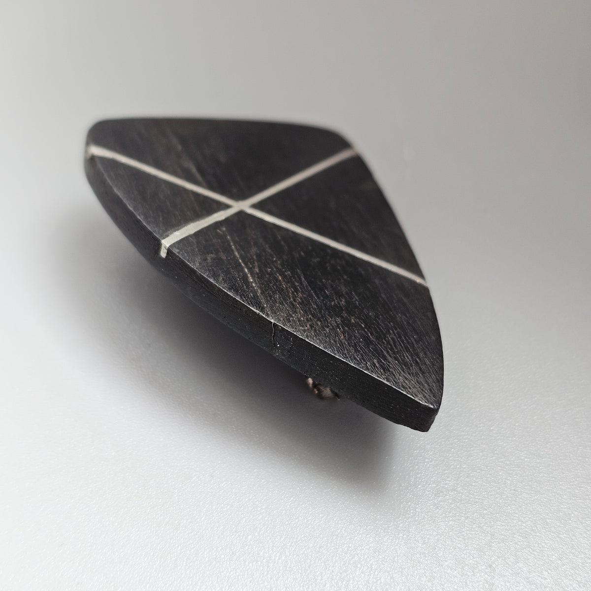 Vintage 1960s Danish Modernist Black Ebony Wood Silver Line Inlay Brooch