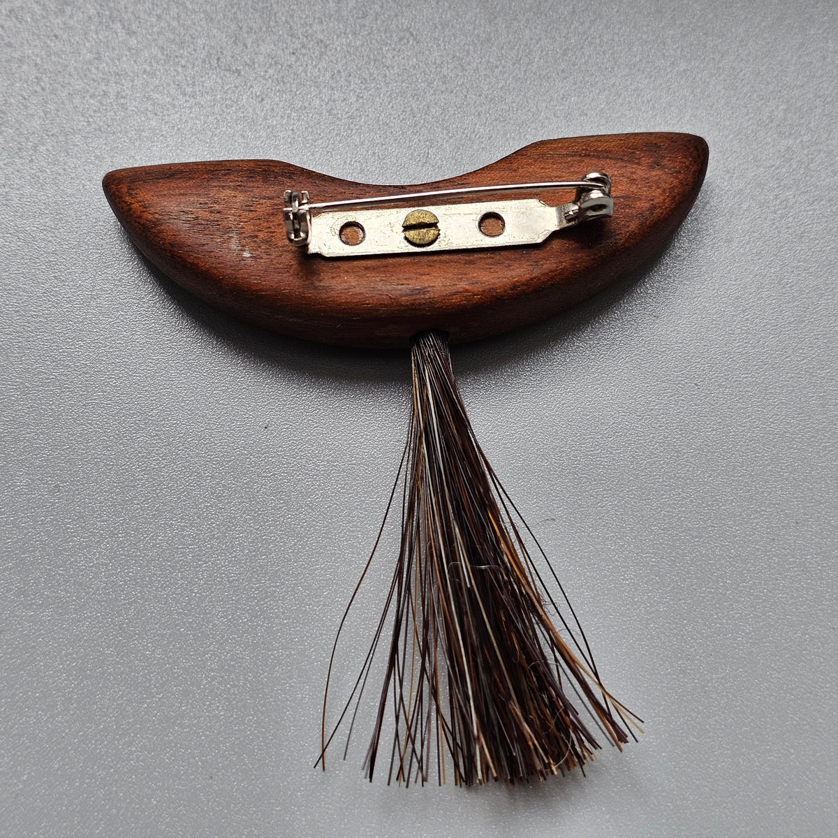 Vintage Mid Century Modern Teak Wood Horsehair Tassel Brooch