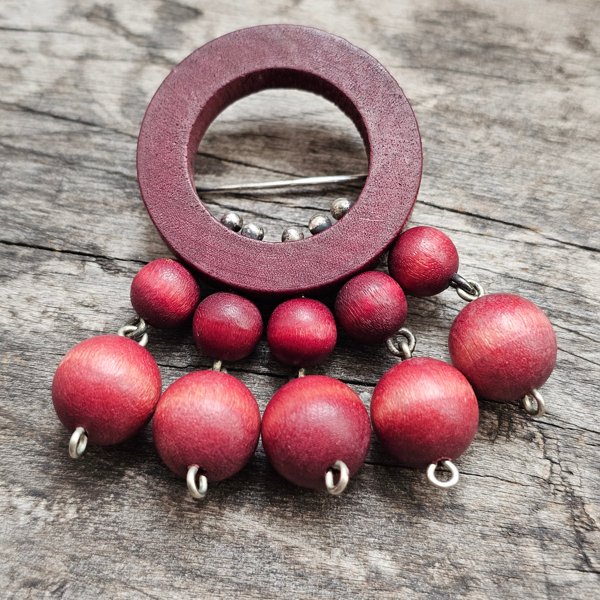 Vintage 1960s Aarikka Finnish Wooden Bead Dangle Brooch by Kaija Aarikka