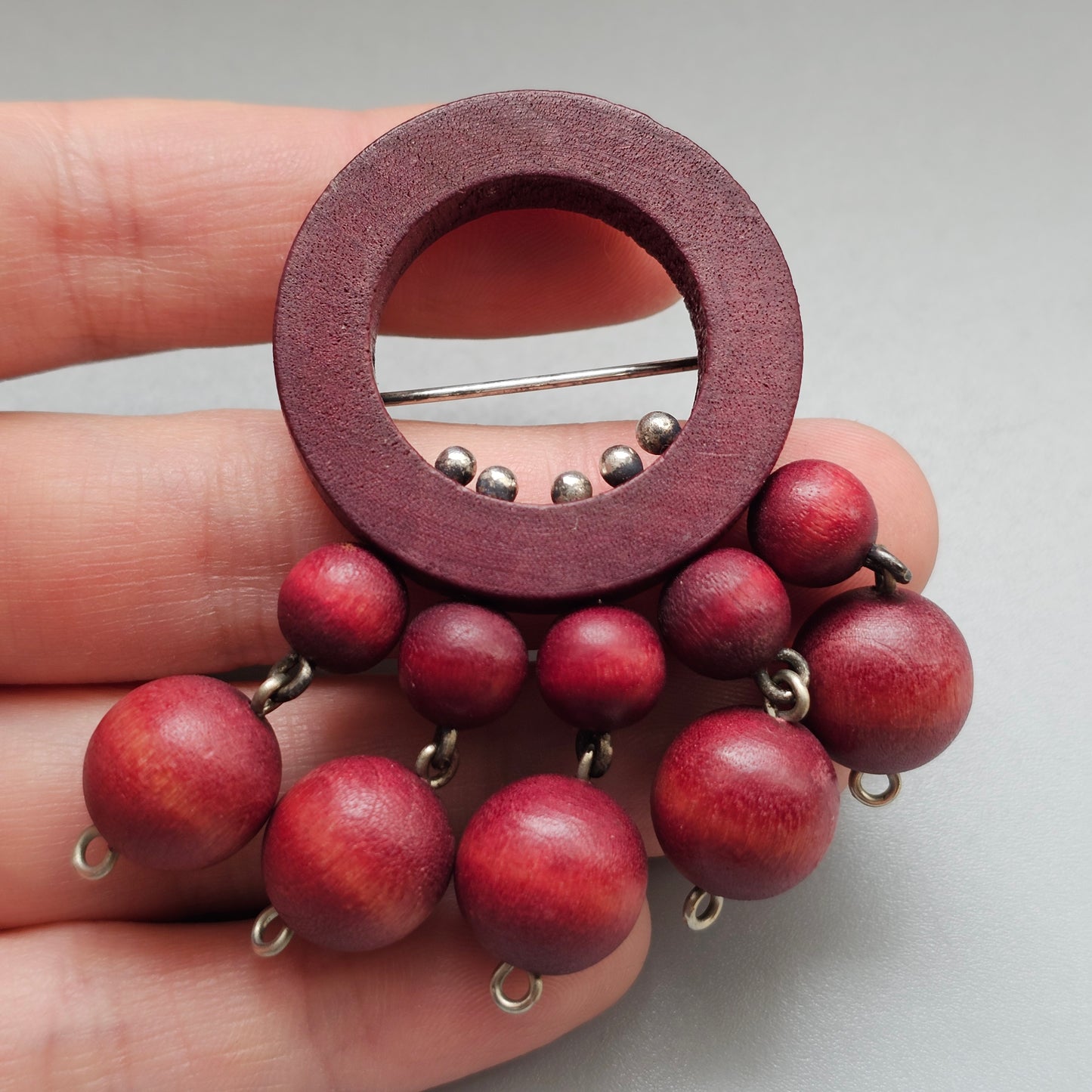 Vintage 1960s Aarikka Finnish Wooden Bead Dangle Brooch by Kaija Aarikka