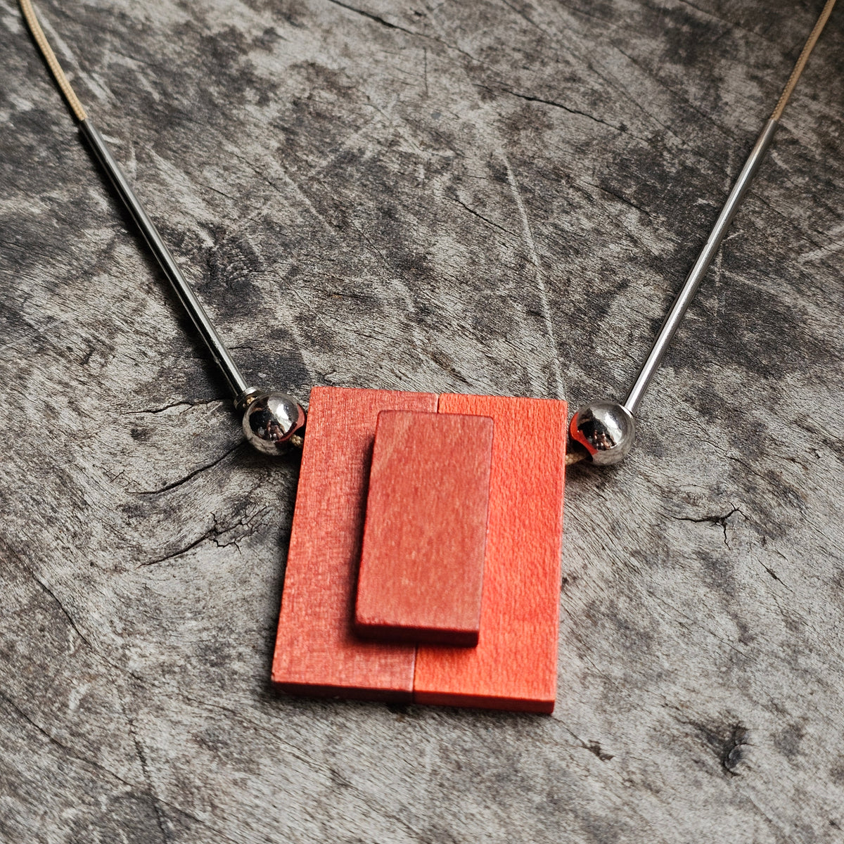 Contemporary Aarikka Finnish Red Wooden Geometric Pendant Necklace