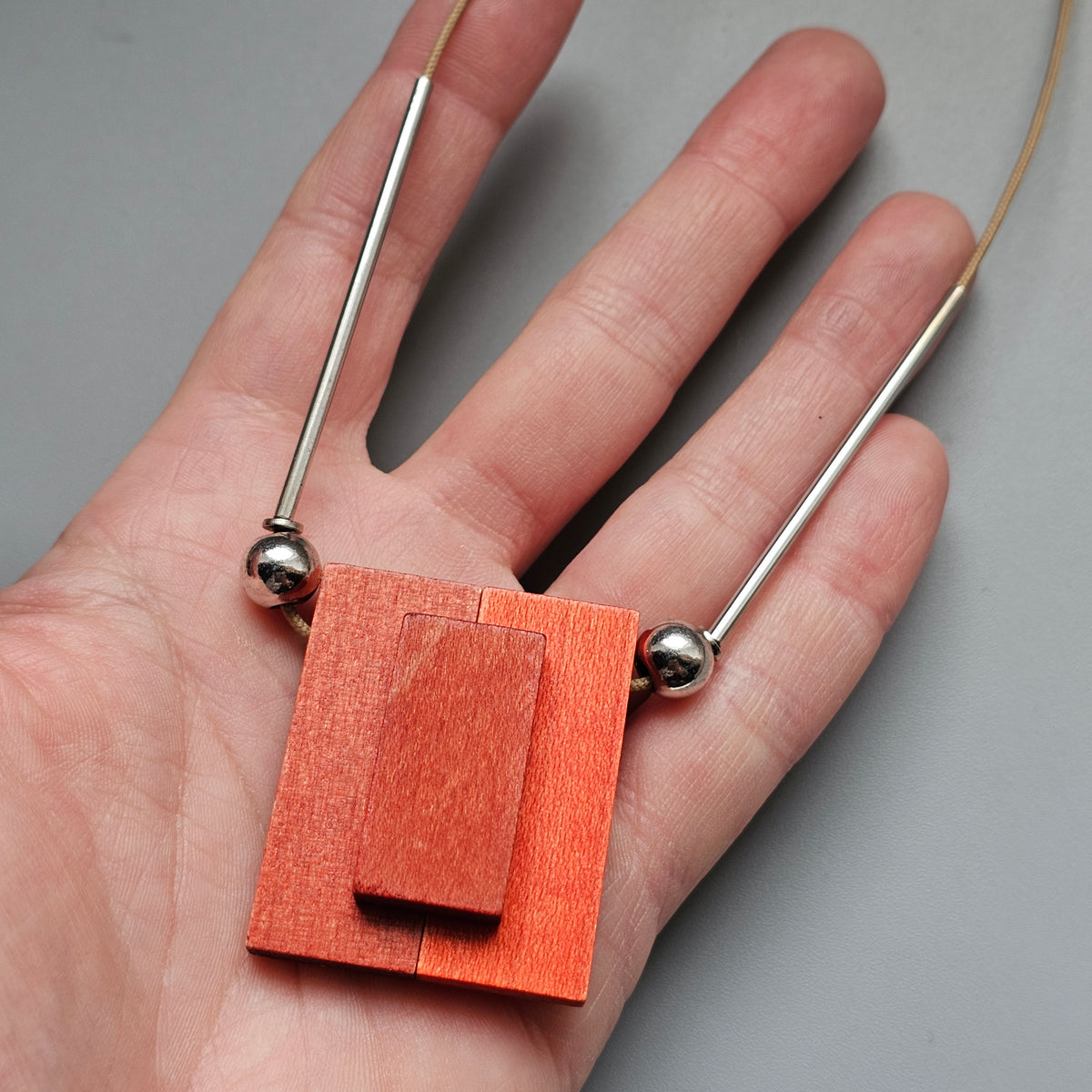 Contemporary Aarikka Finnish Red Wooden Geometric Pendant Necklace