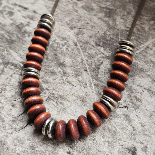 Vintage 1980s 1990s Aarikka Finnish Wooden Brown & Silver Tone Rondel Bead Necklace