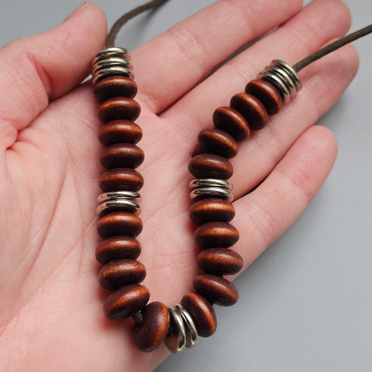 Vintage 1980s 1990s Aarikka Finnish Wooden Brown & Silver Tone Rondel Bead Necklace