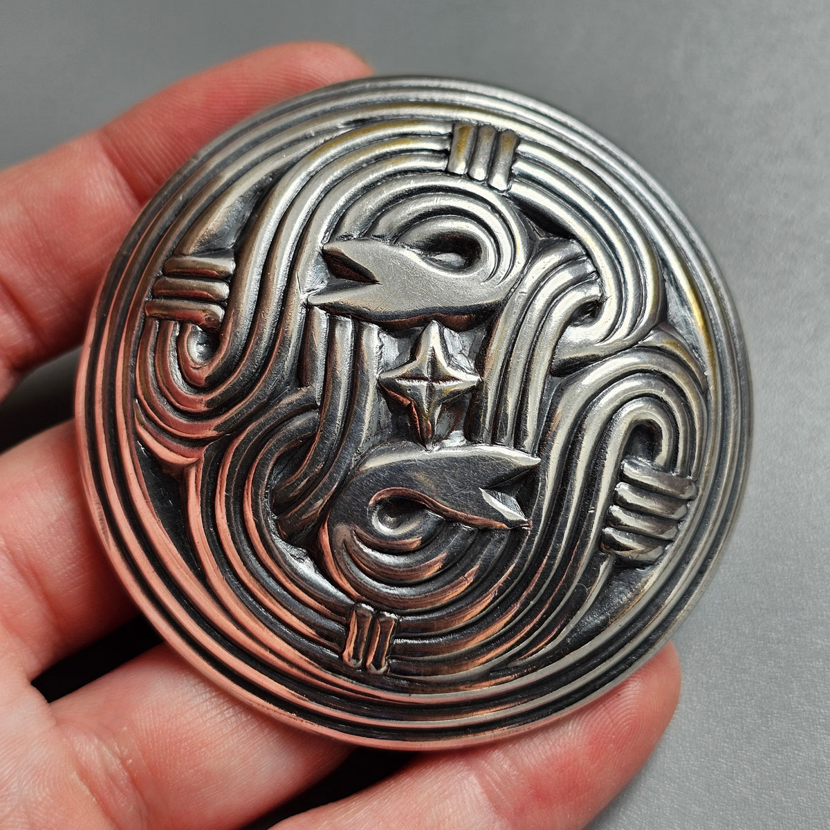 Vintage Kalevala Koru Silver Plated Snake Shield Brooch Finland