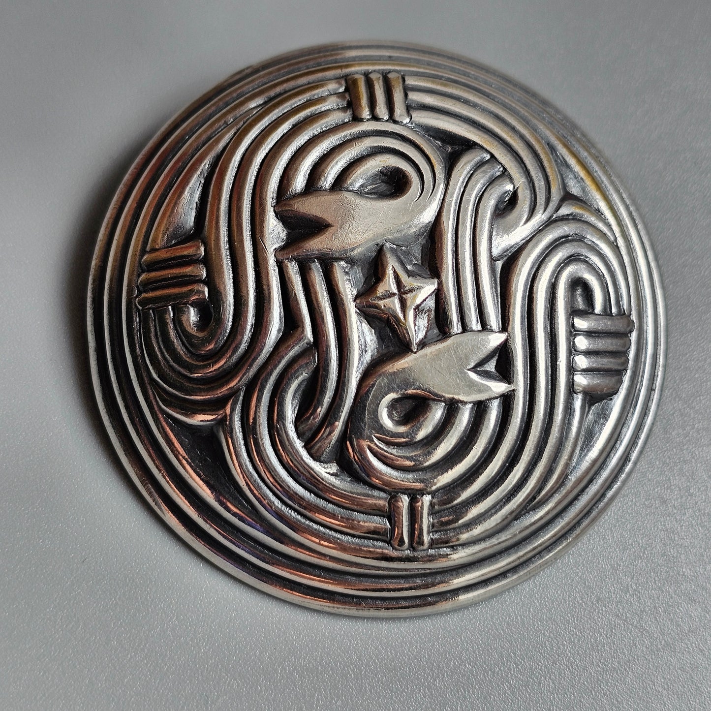 Vintage Kalevala Koru Silver Plated Snake Shield Brooch Finland
