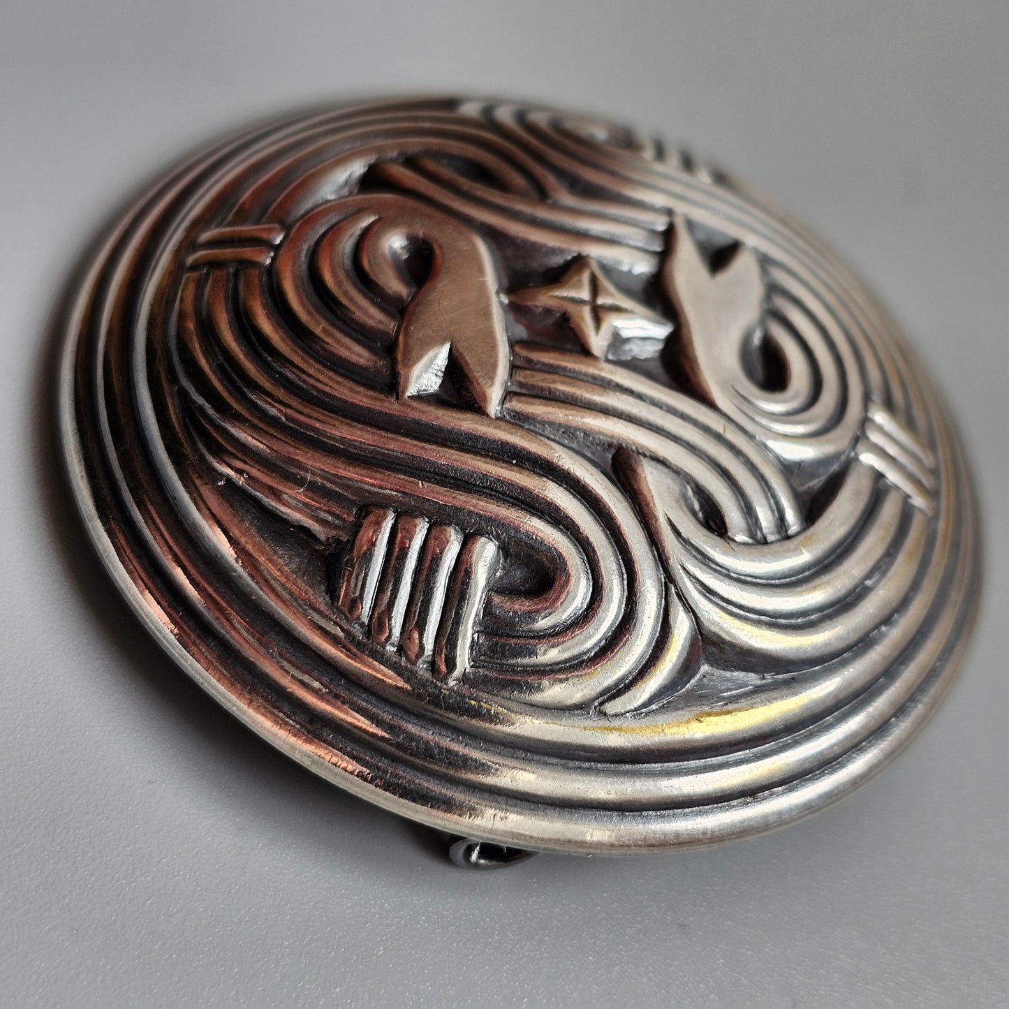 Vintage Kalevala Koru Silver Plated Snake Shield Brooch Finland