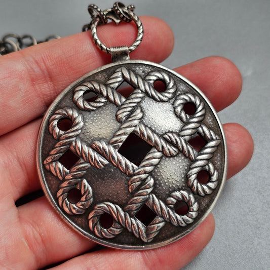 Vintage Nordic Silver Tone Folk Revival Pendant Necklace