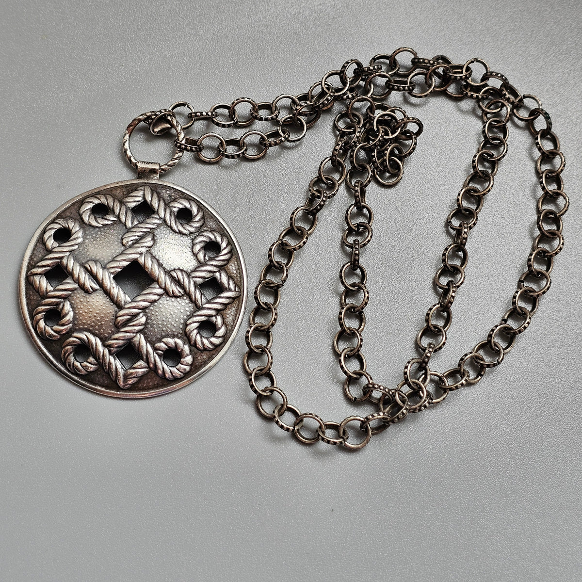 Vintage Nordic Silver Tone Folk Revival Pendant Necklace