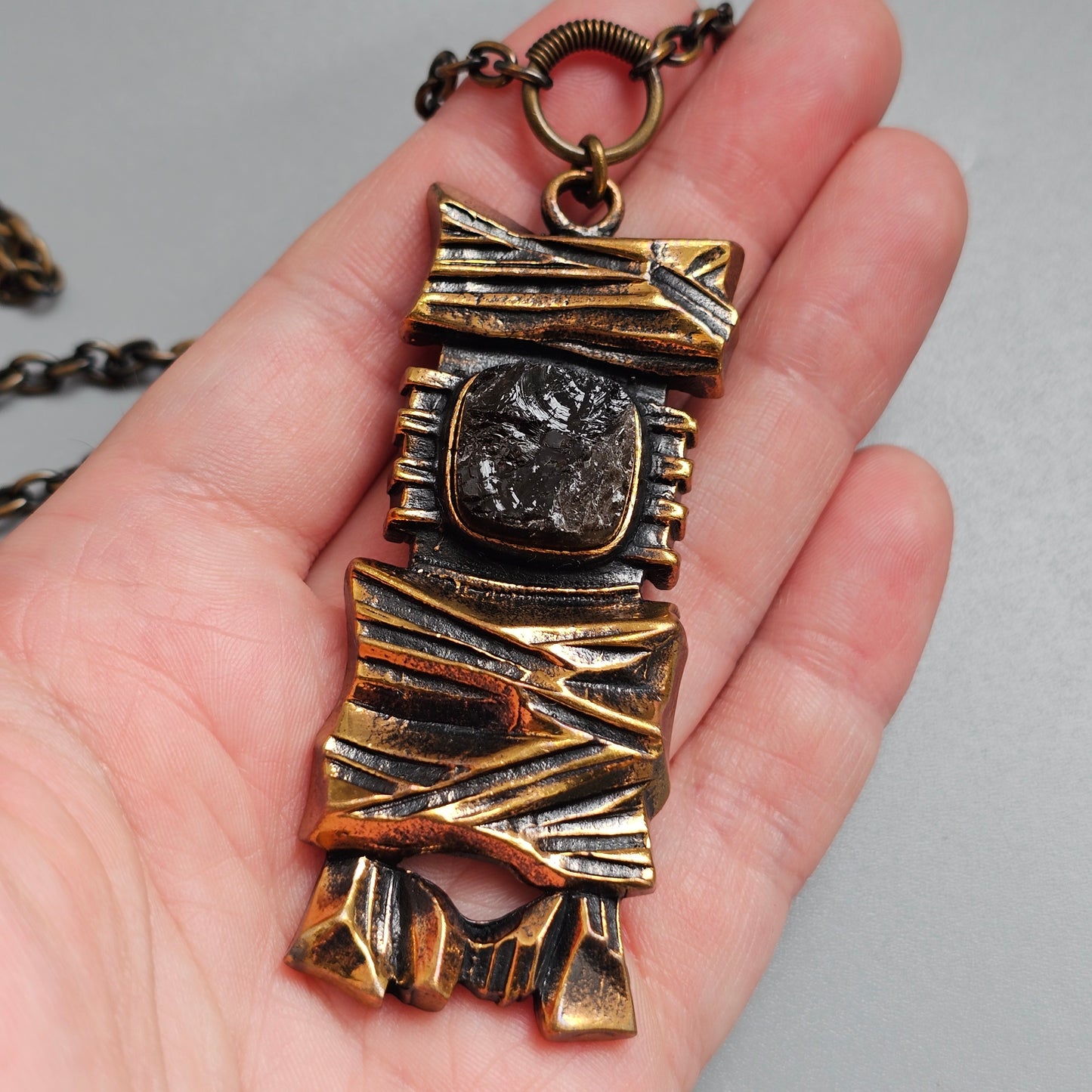 Vintage 1970s Finnish Brutalist Bronze & Smoky Quartz Necklace 'Kelo' By Pentti Sarpaneva