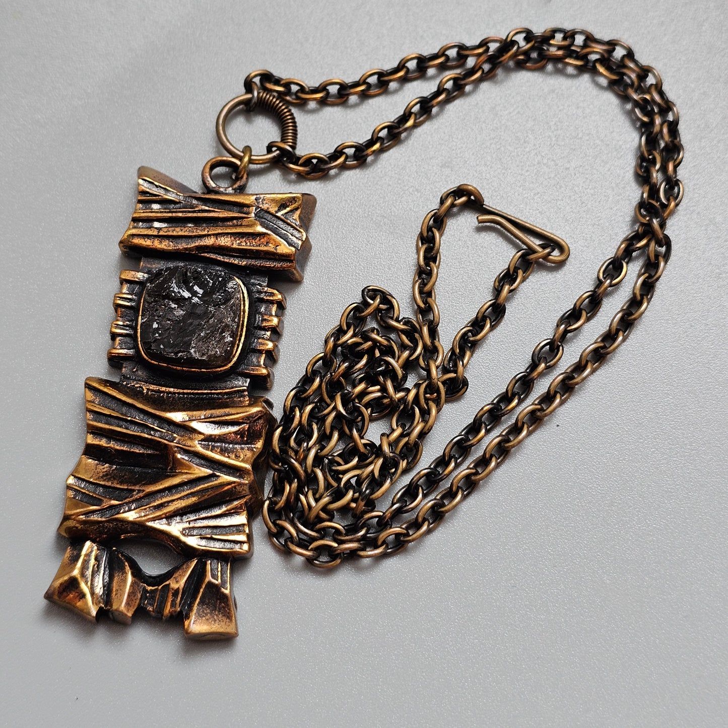 Vintage 1970s Finnish Brutalist Bronze & Smoky Quartz Necklace 'Kelo' By Pentti Sarpaneva