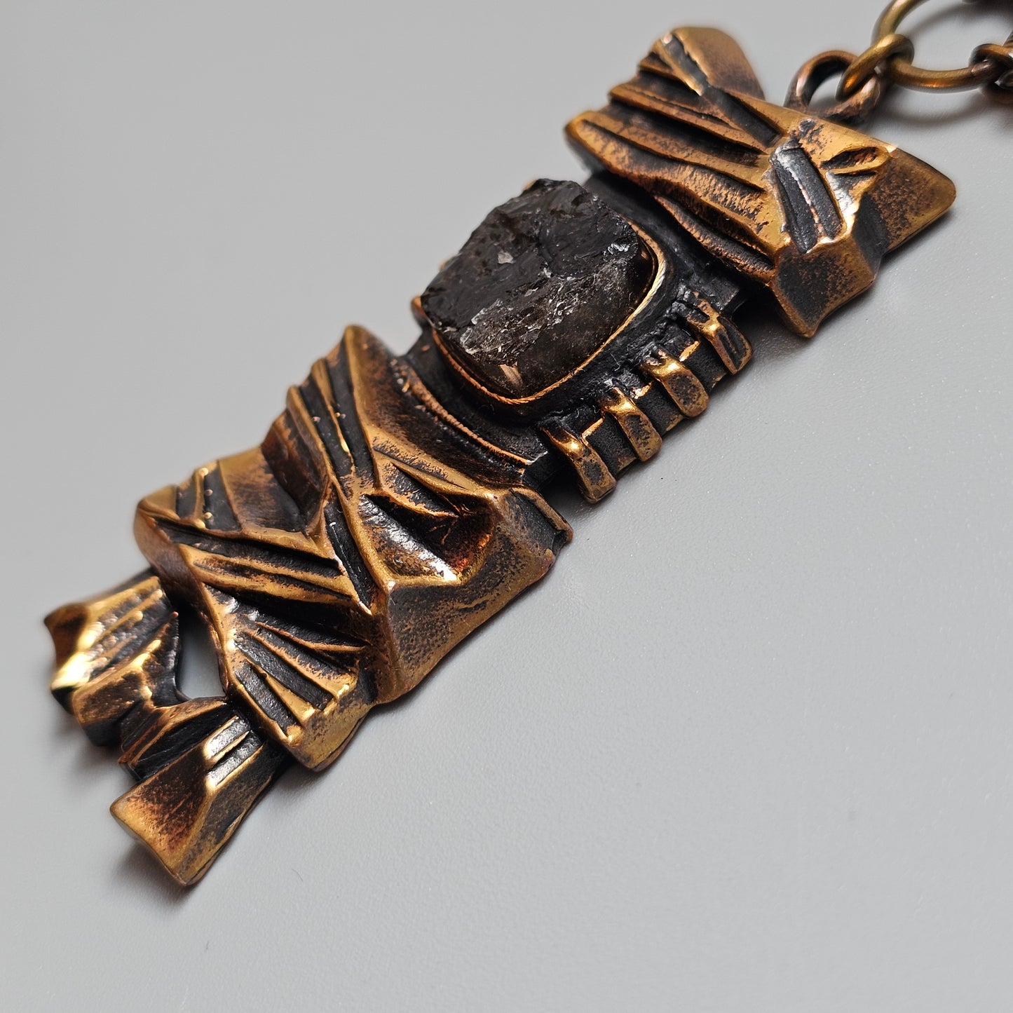 Vintage 1970s Finnish Brutalist Bronze & Smoky Quartz Necklace 'Kelo' By Pentti Sarpaneva