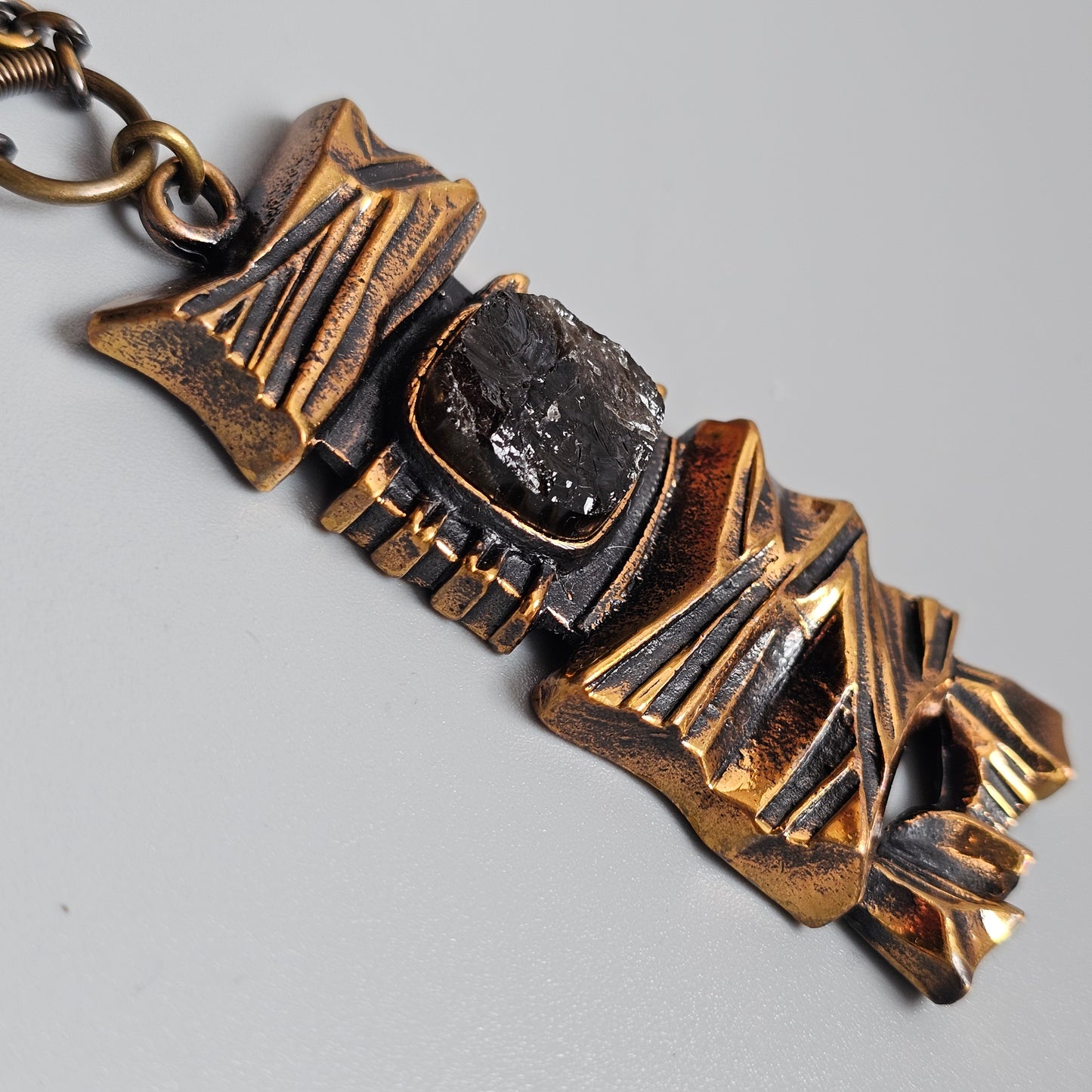 Vintage 1970s Finnish Brutalist Bronze & Smoky Quartz Necklace 'Kelo' By Pentti Sarpaneva