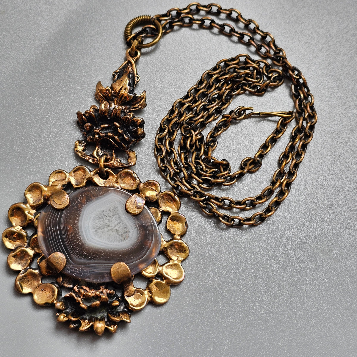 Vintage 1970s Pentti Sarpaneva Finnish Bronze Agate Necklace