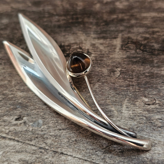 Vintage 50s Modernist Silver & Smoky Quartz Flower Brooch Elis Kauppi Kupittaan Kulta 1959