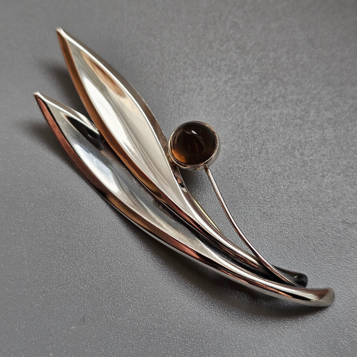 Vintage 50s Modernist Silver & Smoky Quartz Flower Brooch Elis Kauppi Kupittaan Kulta 1959