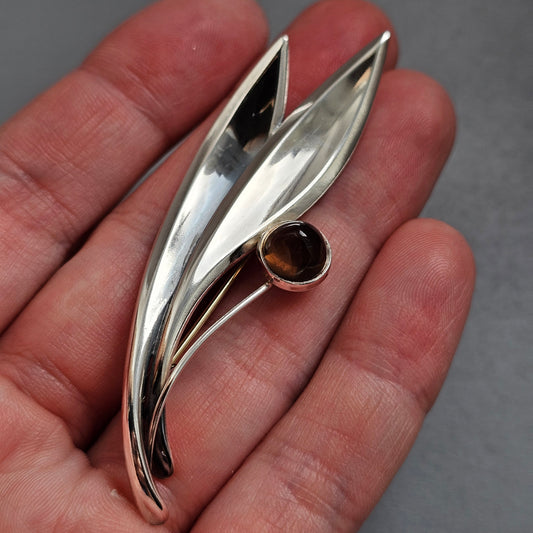 Vintage 50s Modernist Silver & Smoky Quartz Flower Brooch Elis Kauppi Kupittaan Kulta 1959