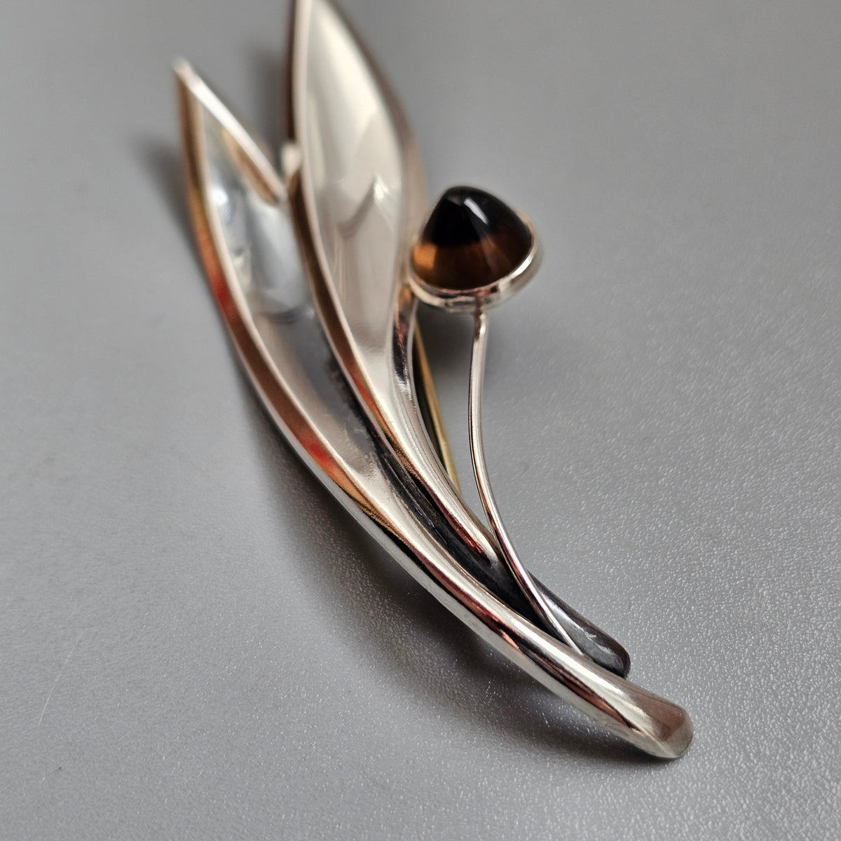 Vintage 50s Modernist Silver & Smoky Quartz Flower Brooch Elis Kauppi Kupittaan Kulta 1959