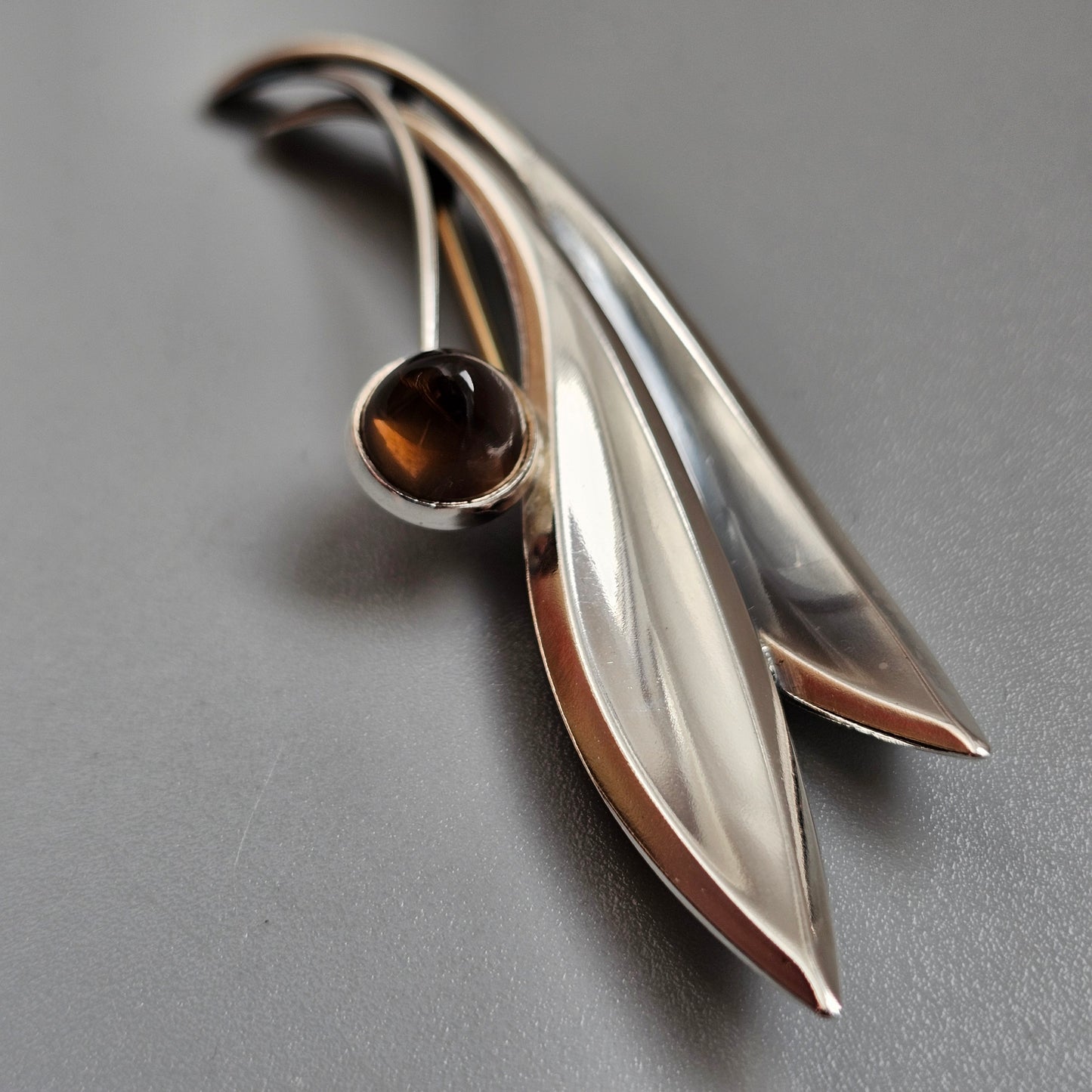 Vintage 50s Modernist Silver & Smoky Quartz Flower Brooch Elis Kauppi Kupittaan Kulta 1959
