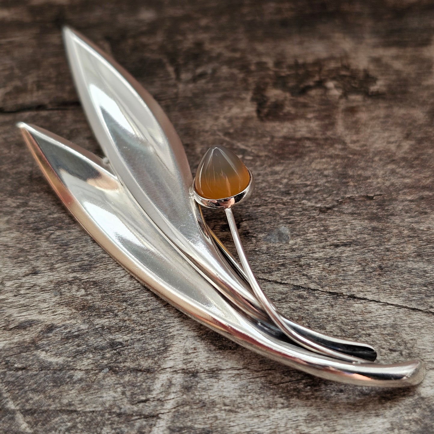 Vintage 60s Modernist Silver & Chalcedony Flower Brooch Elis Kauppi Kupittaan Kulta 1961