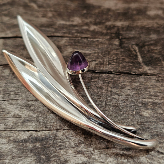 Vintage 60s Modernist Silver & Amethyst Flower Brooch Elis Kauppi Kupittaan Kulta 1962