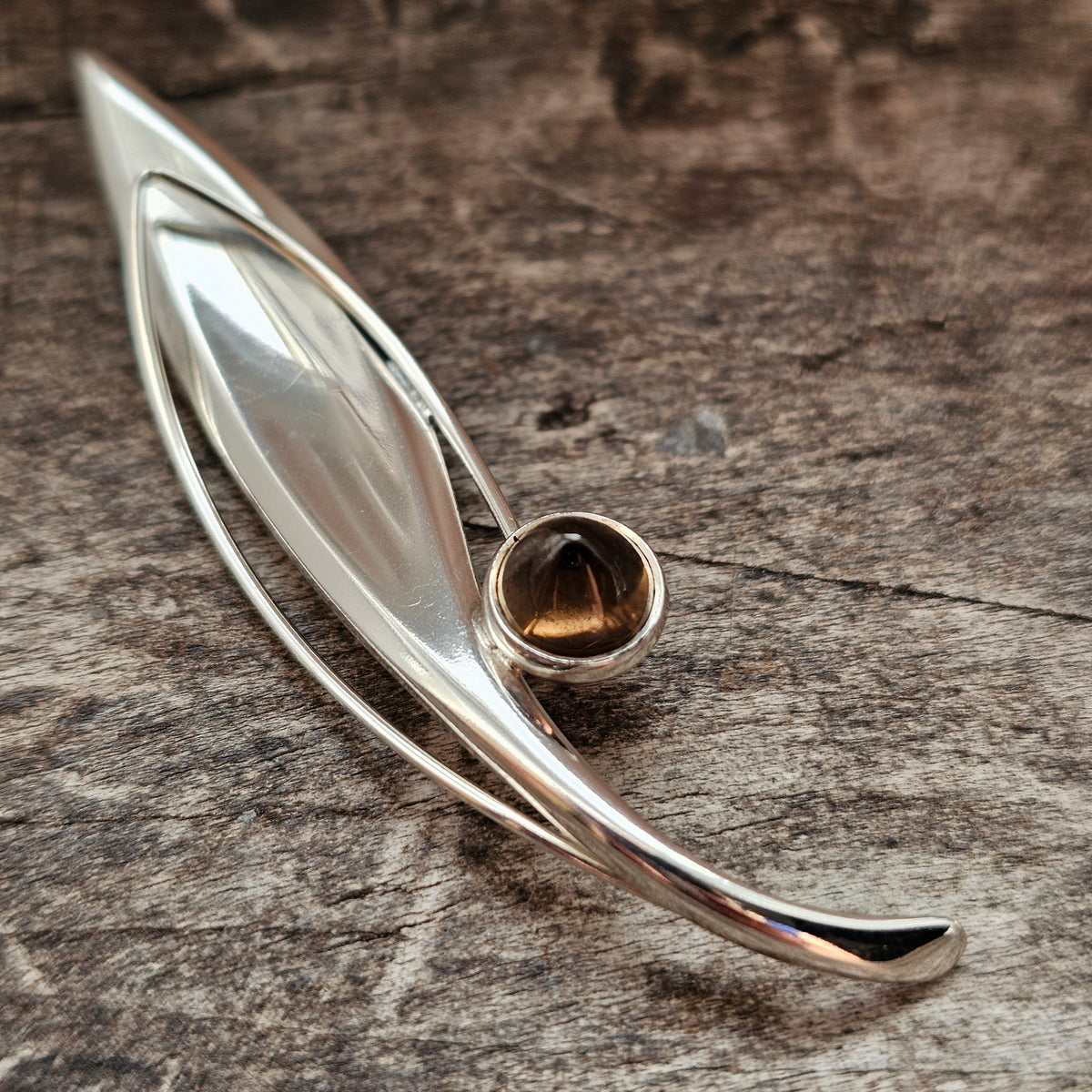 Smaller Finnish 1960s Modernist Silver & Smoky Quartz Flower Brooch by Elis Kauppi Kupittaan Kulta 1964