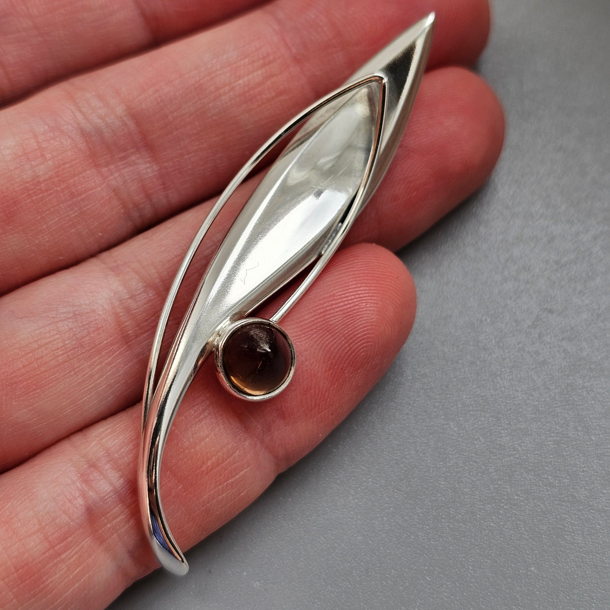 Smaller Finnish 1960s Modernist Silver & Smoky Quartz Flower Brooch by Elis Kauppi Kupittaan Kulta 1964