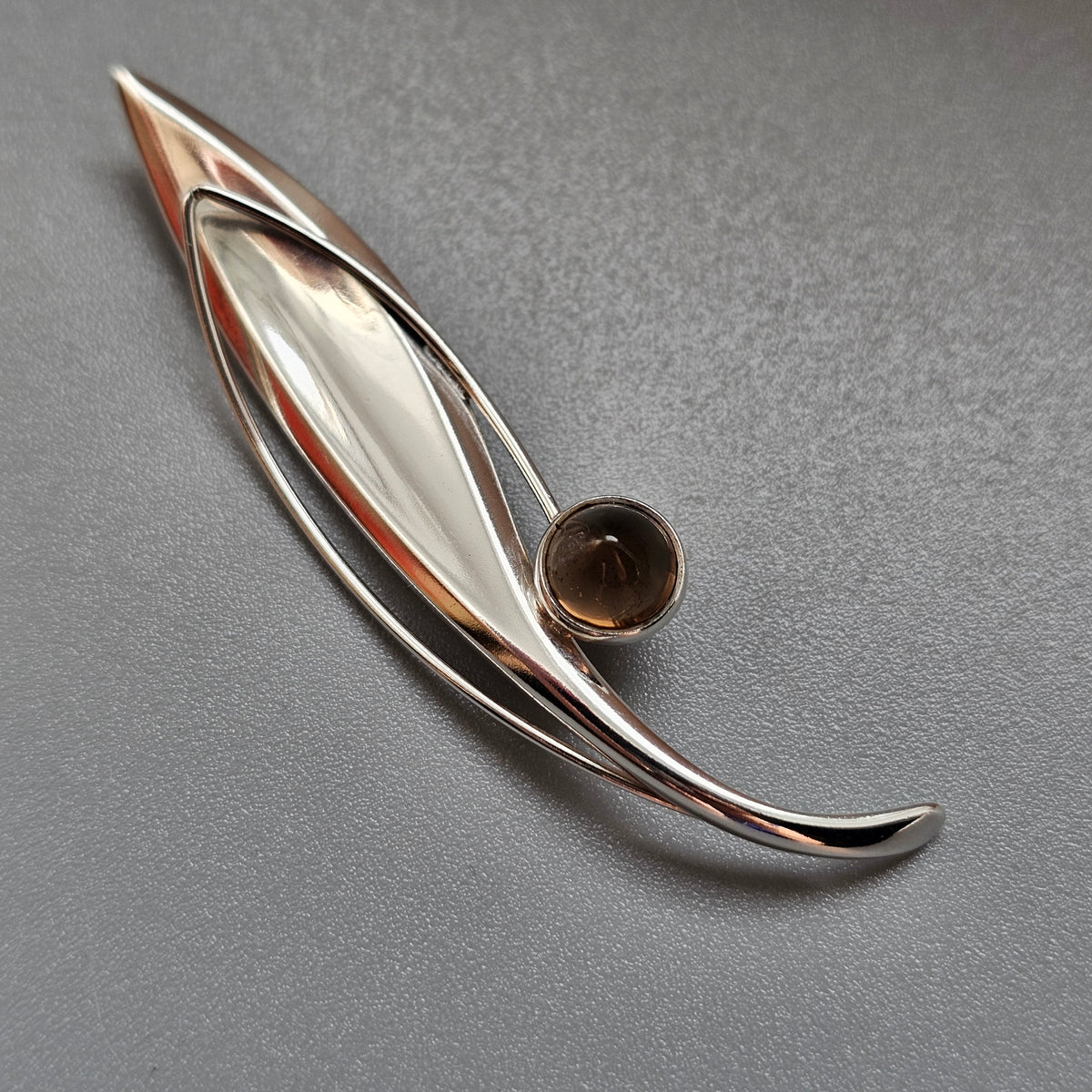 Smaller Finnish 1960s Modernist Silver & Smoky Quartz Flower Brooch by Elis Kauppi Kupittaan Kulta 1964