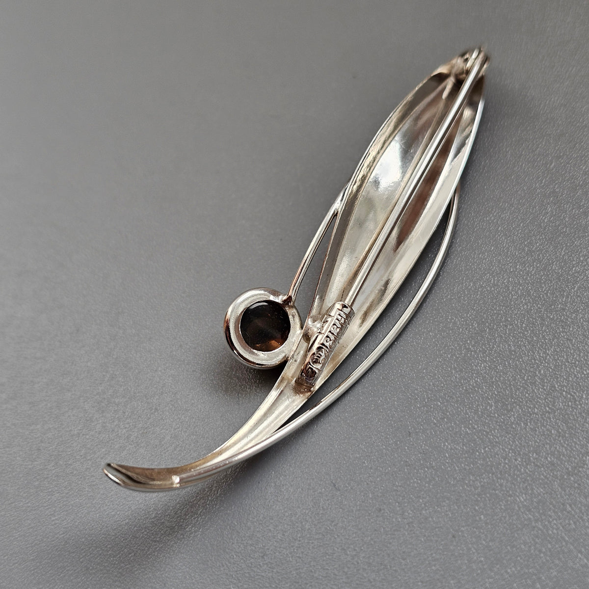 Smaller Finnish 1960s Modernist Silver & Smoky Quartz Flower Brooch by Elis Kauppi Kupittaan Kulta 1964