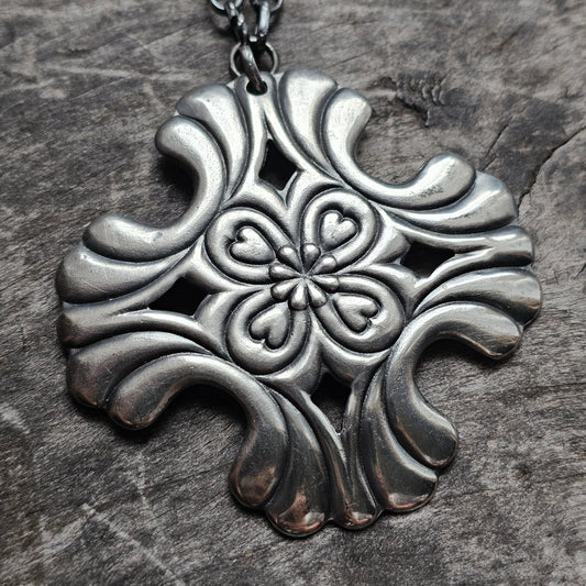 Vintage Nordic Folk Style Silver Tone Floral Cross Pendant Necklace