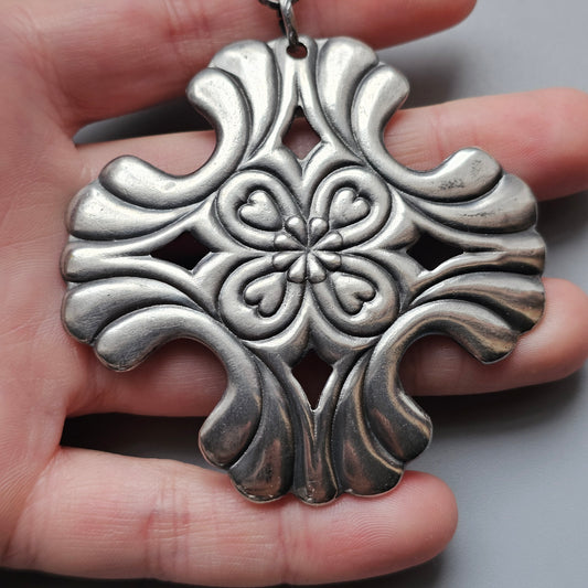 Vintage Nordic Folk Style Silver Tone Floral Cross Pendant Necklace
