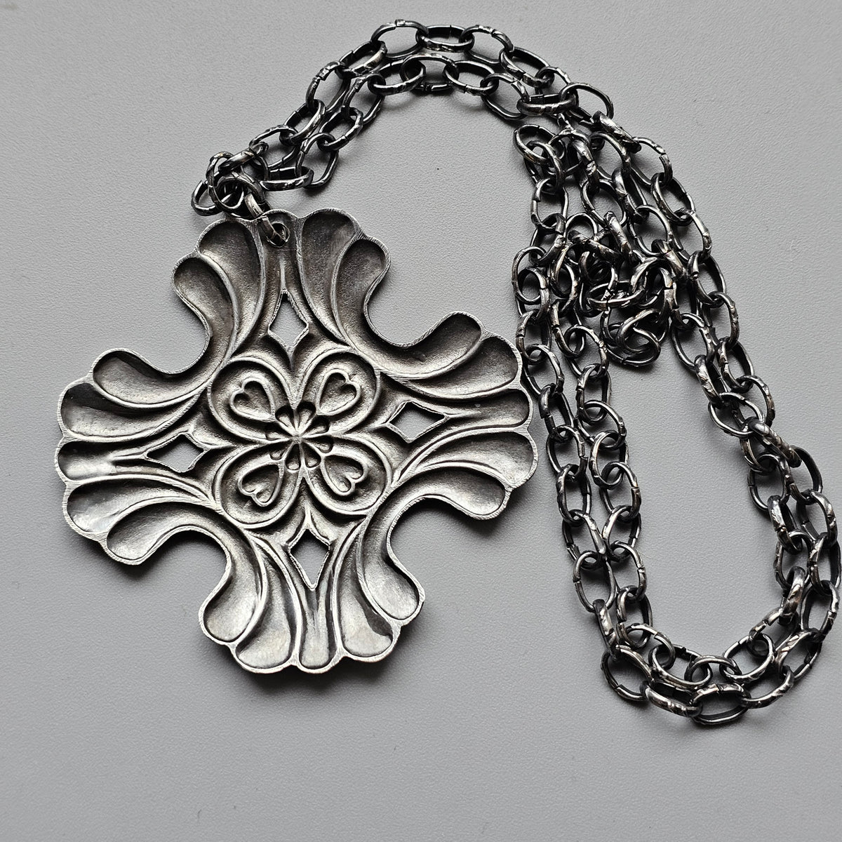 Vintage Nordic Folk Style Silver Tone Floral Cross Pendant Necklace