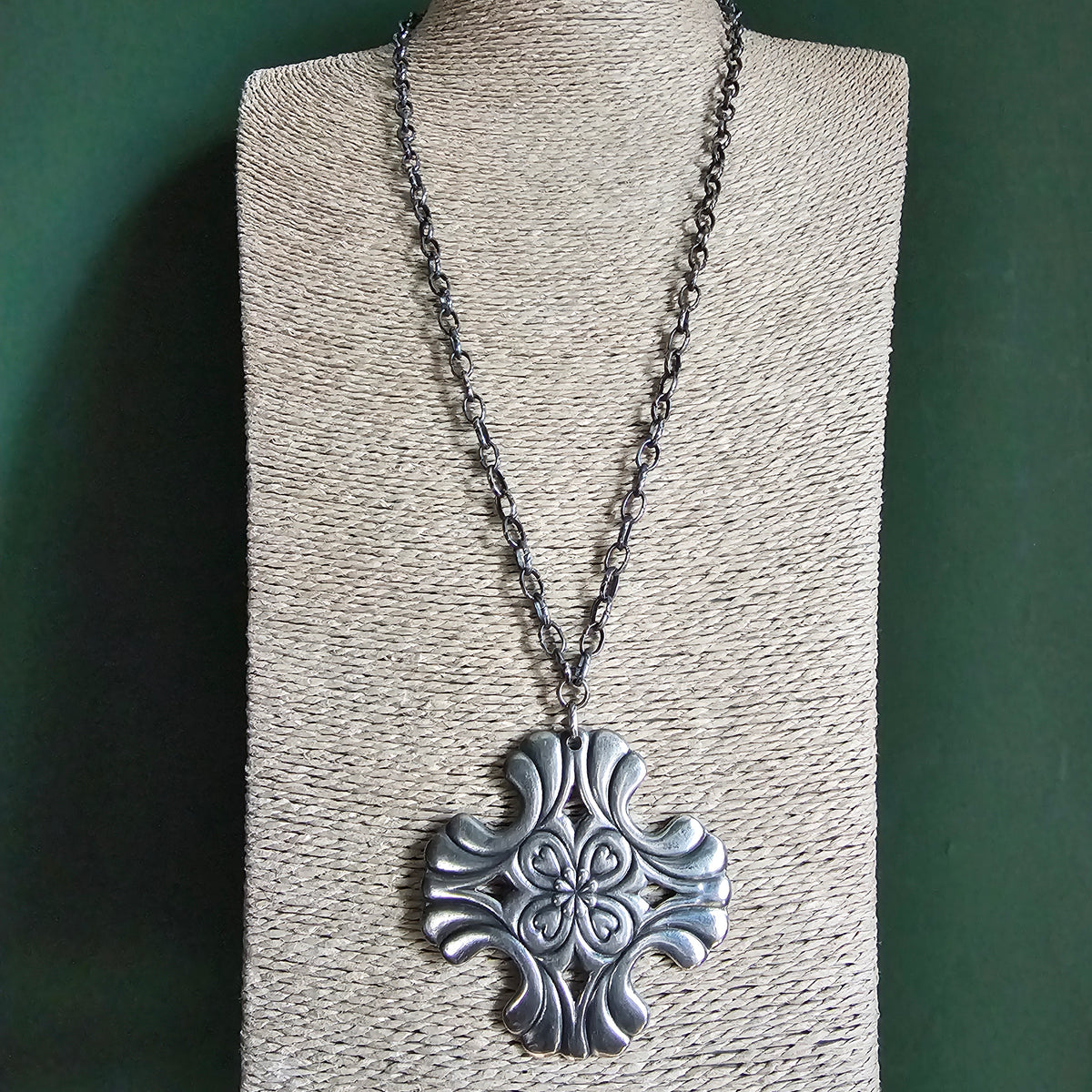 Vintage Nordic Folk Style Silver Tone Floral Cross Pendant Necklace