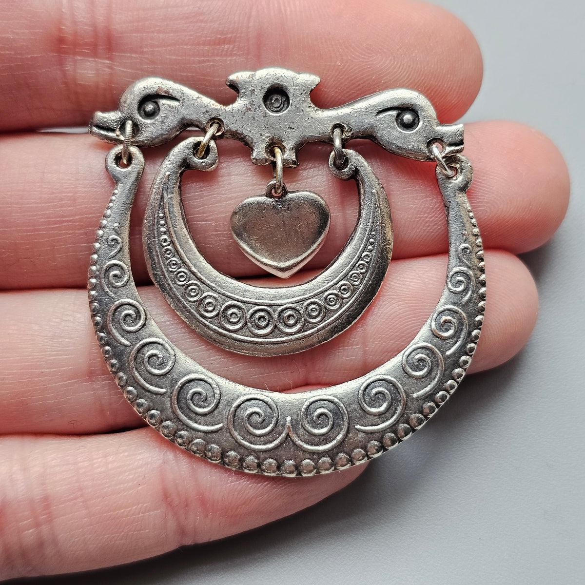 Vintage Nordic Folk Style Silver Tone Heart Dangle Brooch