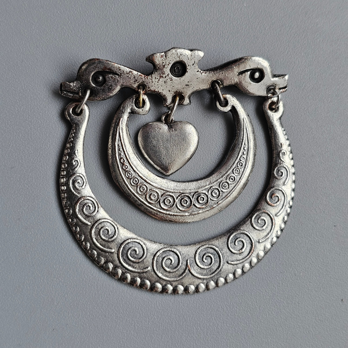 Vintage Nordic Folk Style Silver Tone Heart Dangle Brooch