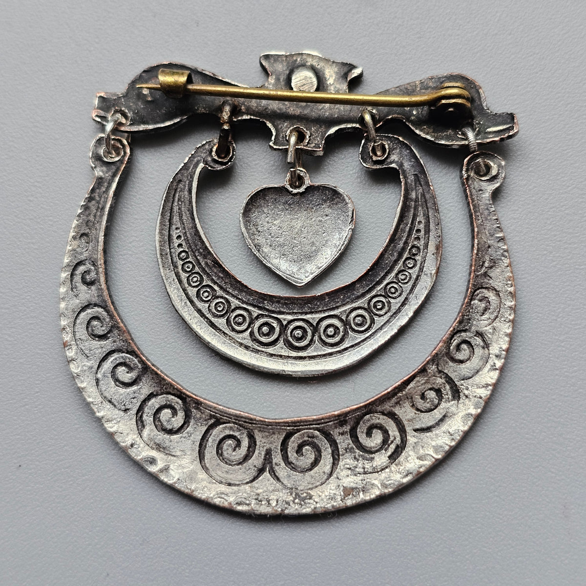 Vintage Nordic Folk Style Silver Tone Heart Dangle Brooch