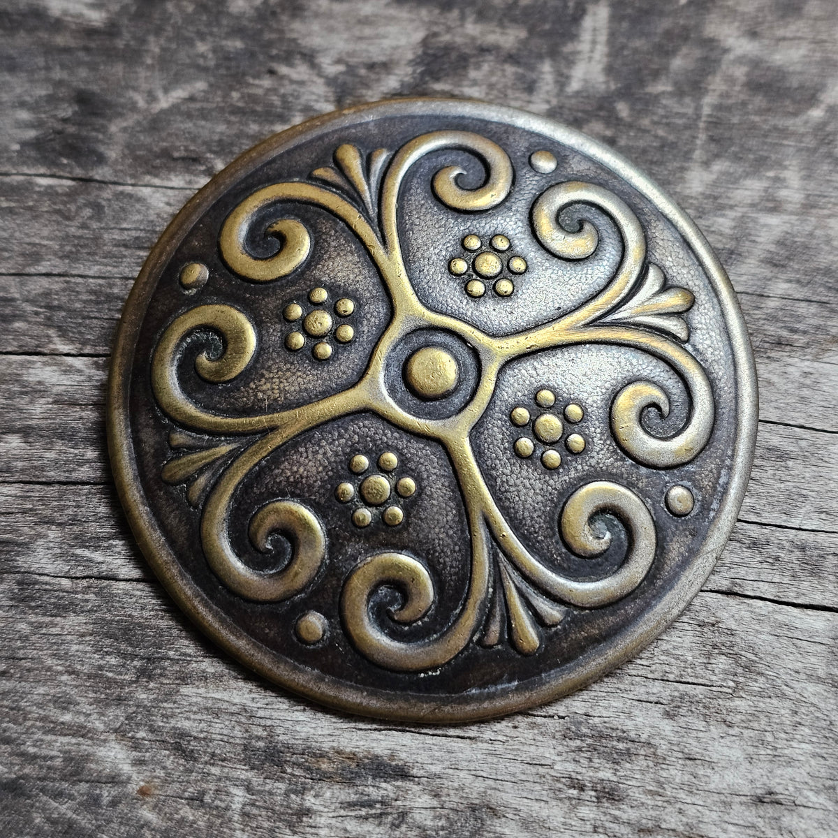 Vintage Nordic Folk Style Brass Tone Round Floral Cross Brooch