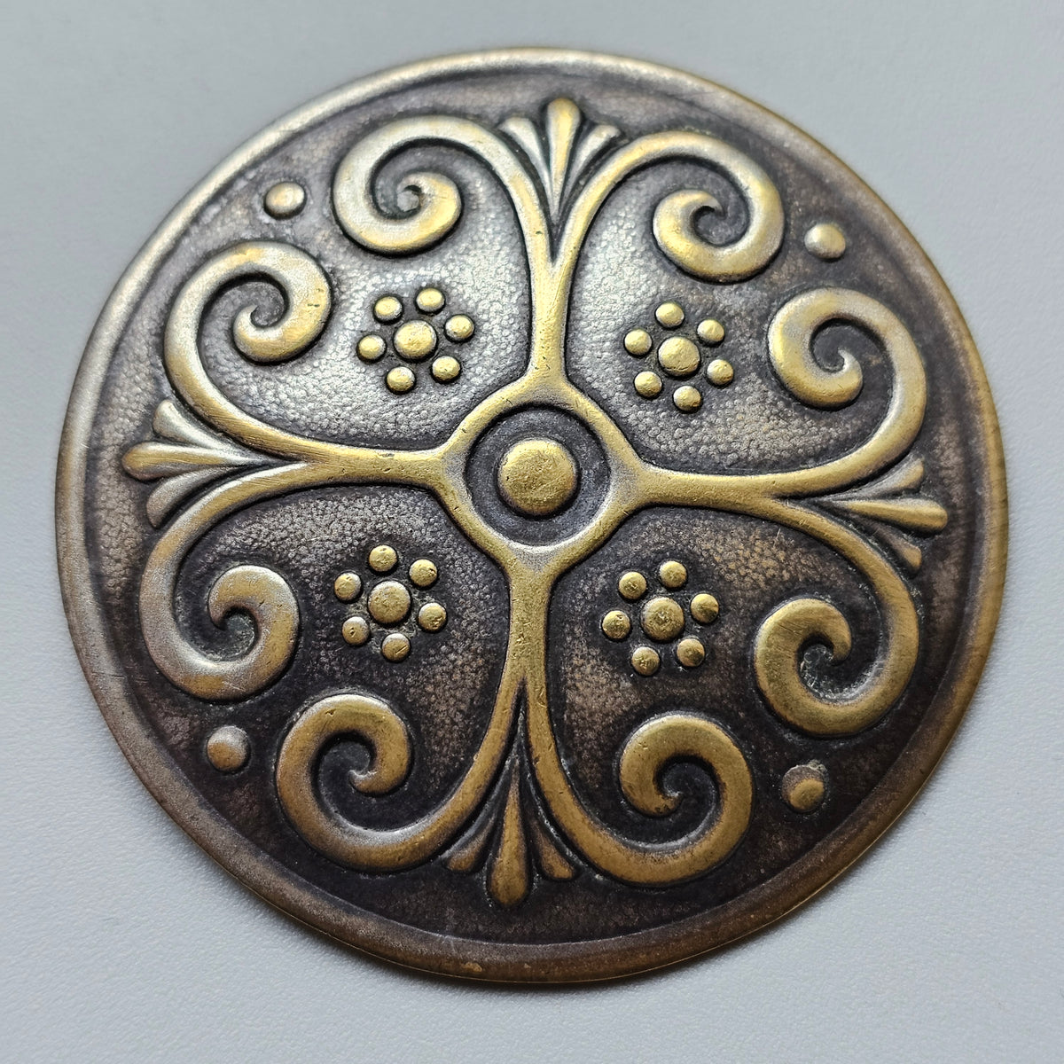 Vintage Nordic Folk Style Brass Tone Round Floral Cross Brooch
