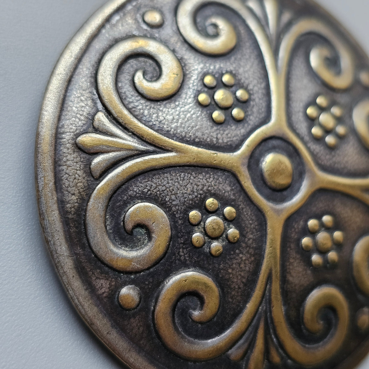 Vintage Nordic Folk Style Brass Tone Round Floral Cross Brooch