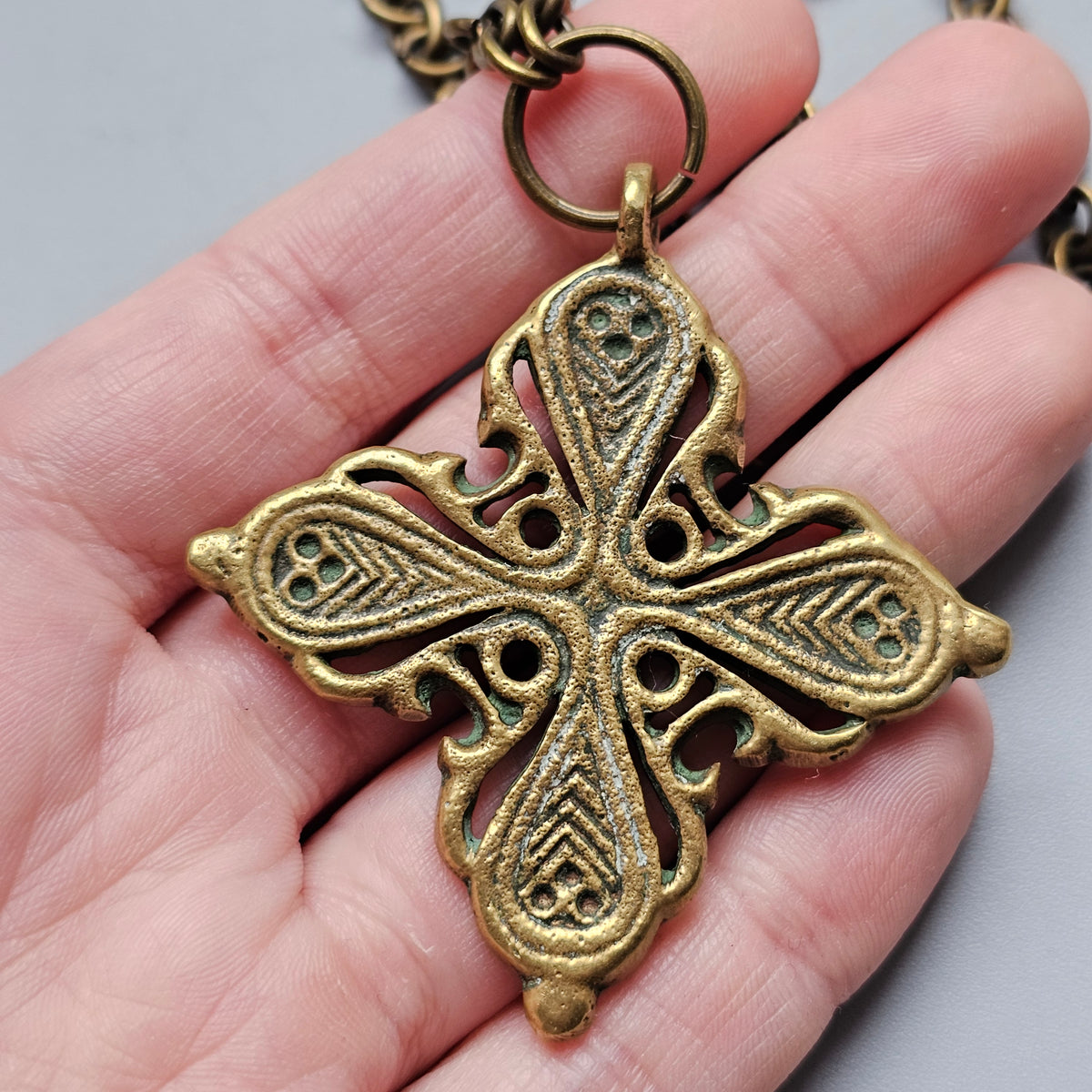 Vintage Finnish Bronze Medieval Revival Cross Pendant Necklace